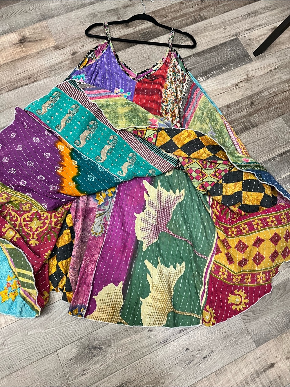 Boho Kantha Patchwork Maxi Slip Dress in Purple, Red, Green & Yellow - Picture 4 of 8
